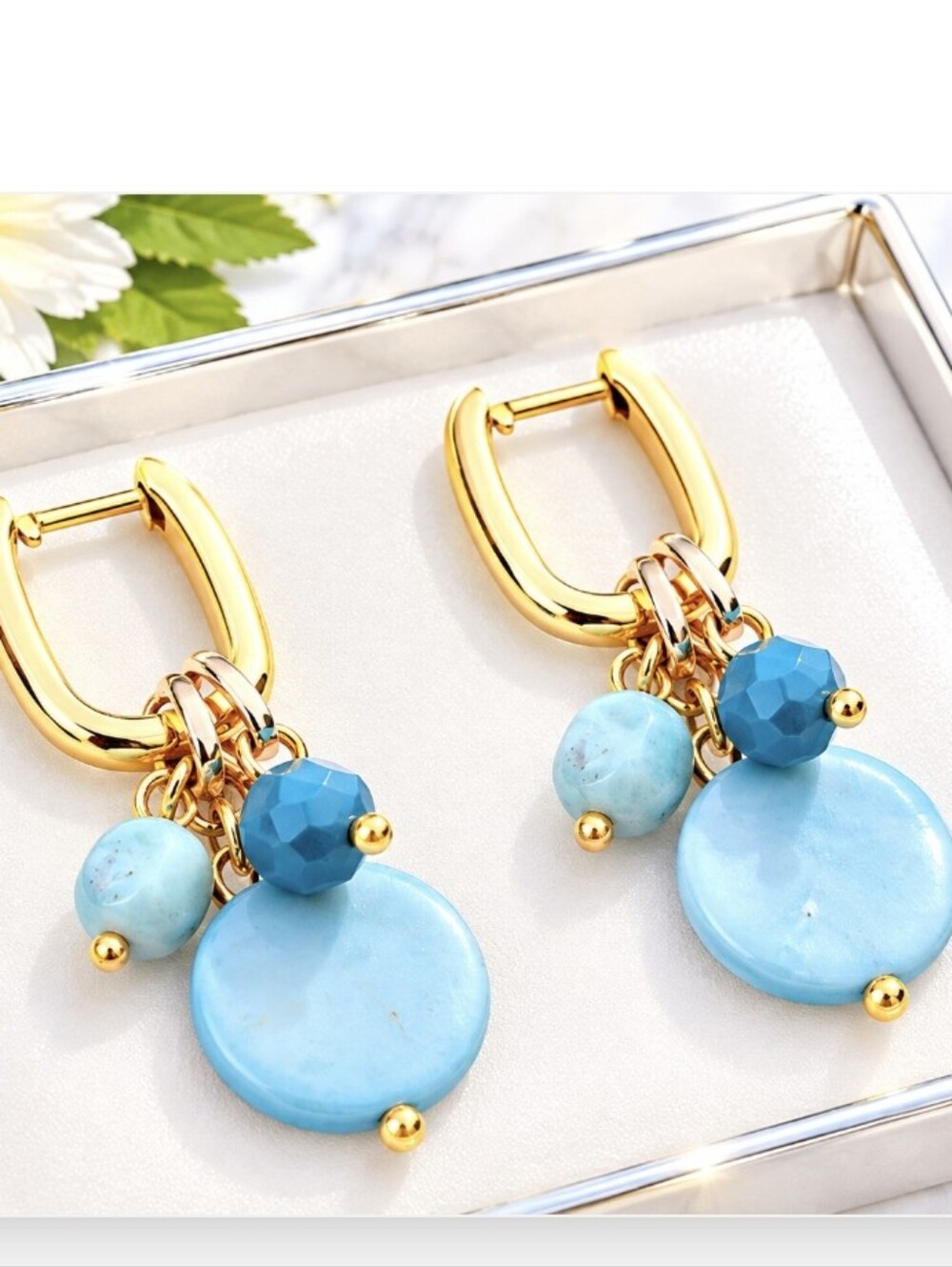 18k Gold Hoop Drop Earrings with Larimar Mother Of Pearl And Crystal